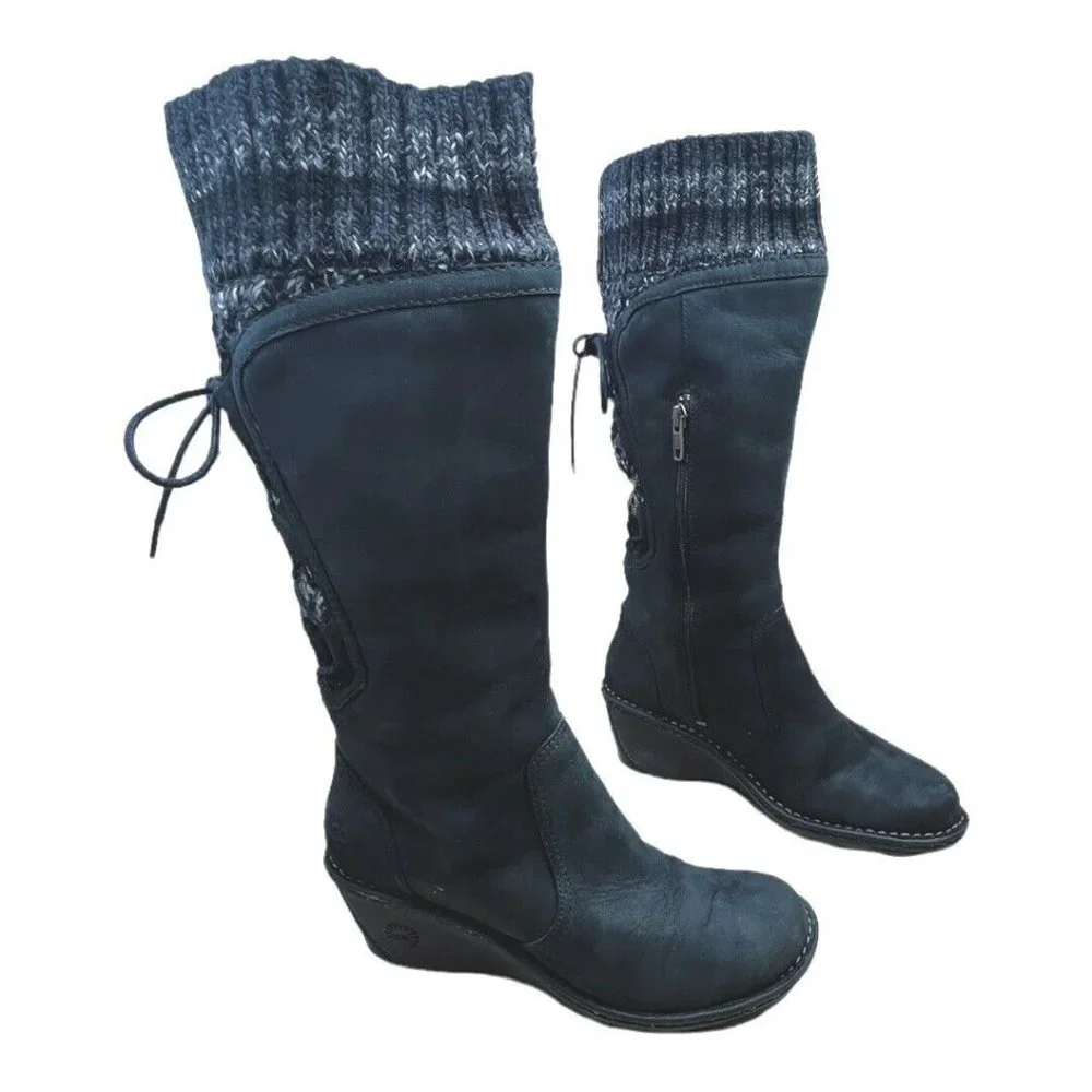 UGG Australia Skylar Wedge Boots Black Leather & Knit Lace/Zip Up Sz 9 2.5" Heel - Picture 1 of 10